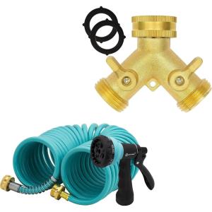 imageAUTOMAN EVA Recoil Garden Hose 25ft  Includes 7 Pattern Spray Nozzle ampamp Hose Splitter 2 Way Garden Hose Splitter 100 Rustproof Brass Water Hose Splitter with Adjustable Flow Valves