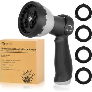 imageAUTOMAN Garden Hose Nozzle Sprayer  10 Spray Patterns High Pressure Thumb Control On Off Valve Metal Duty Water Nozzle Extra 3 Washers for Watering Garden Cleaning Washing Car Showering PetsBlack