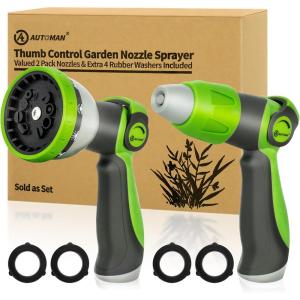 imageAUTOMAN Garden Hose Nozzle Sprayer  10 Spray Patterns High Pressure Thumb Control On Off Valve Metal Duty Water Nozzle Extra 3 Washers for Watering Garden Cleaning Washing Car Showering PetsLawngreen X2
