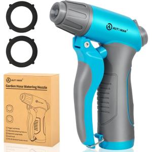 imageAUTOMAN Garden Hose Nozzle Sprayer  10 Spray Patterns High Pressure Thumb Control On Off Valve Metal Duty Water Nozzle Extra 3 Washers for Watering Garden Cleaning Washing Car Showering PetsRoyal Blue