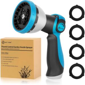 imageAUTOMAN Garden Hose Nozzle Sprayer  10 Spray Patterns High Pressure Thumb Control On Off Valve Metal Duty Water Nozzle Extra 3 Washers for Watering Garden Cleaning Washing Car Showering PetsBlue