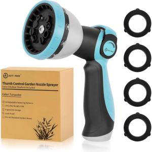 imageAUTOMAN Garden Hose Nozzle Sprayer  10 Spray Patterns High Pressure Thumb Control On Off Valve Metal Duty Water Nozzle Extra 3 Washers for Watering Garden Cleaning Washing Car Showering PetsTurquoise