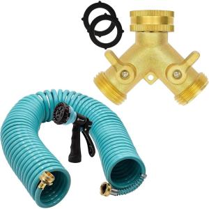 imageAUTOMANGardenWaterHoseRecoil50 Feet EVA Curly Water Hose with Brass Connectors ampamp AUTOMAN Garden Hose Splitter 34 AntiUV HighGrade Brass Hose Splitter with High PressureResistance