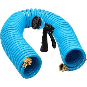imageAUTOMAN Recoil Garden Water Hose 50 ft EVA Curly Water Hose with Brass Connectors Garden Hose CoilIncludes 7Pattern Function SprayerRetractableCorrosion Resistant Garden Coil HoseGreenBlue