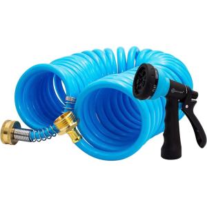 imageAUTOMAN Recoil Garden Water Hose 50 ft EVA Curly Water Hose with Brass ConnectorsGarden Hose CoilIncludes 7Pattern Function SprayerRetractableCorrosion Resistant Garden Coil HoseBlue