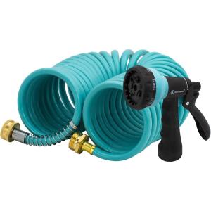 imageAUTOMAN Recoil Garden Water Hose 50 ft EVA Curly Water Hose with Brass ConnectorsGarden Hose CoilIncludes 7Pattern Function SprayerRetractableCorrosion Resistant Garden Coil HoseTurquoise